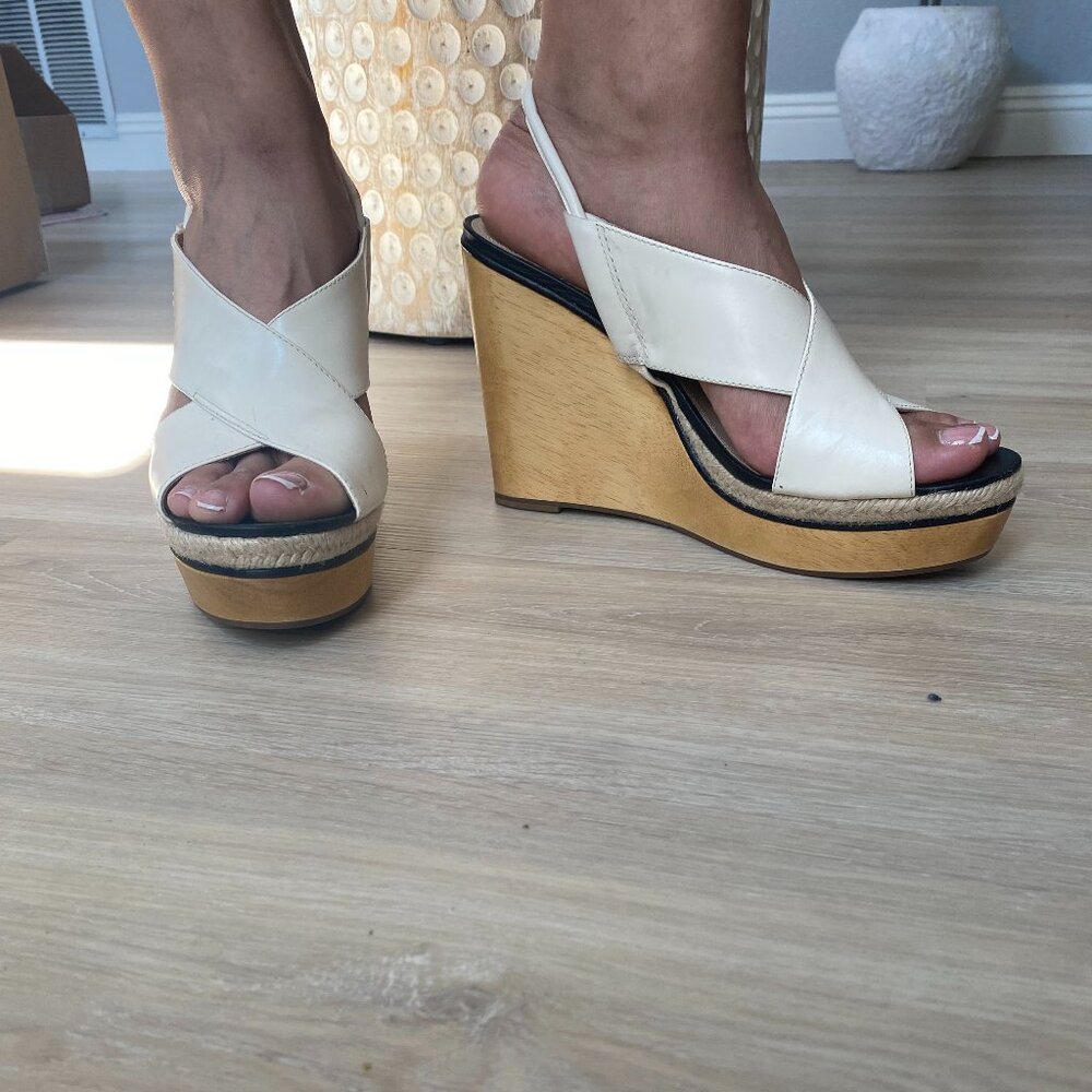 Diane von Furstenberg, Gladys- Wooden Wedge Sandal, size 10.5 in Beige